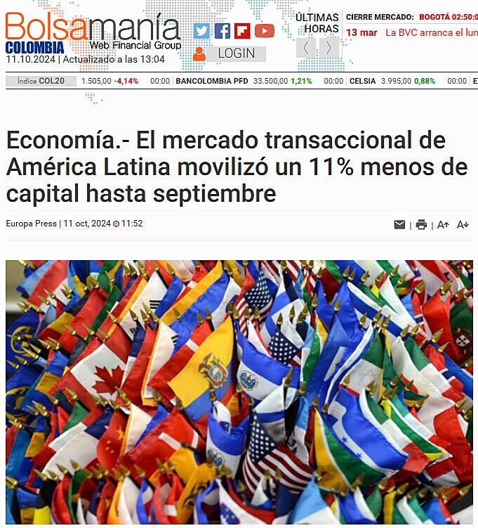 Economa.- El mercado transaccional de Amrica Latina moviliz un 11% menos de capital hasta septiembre